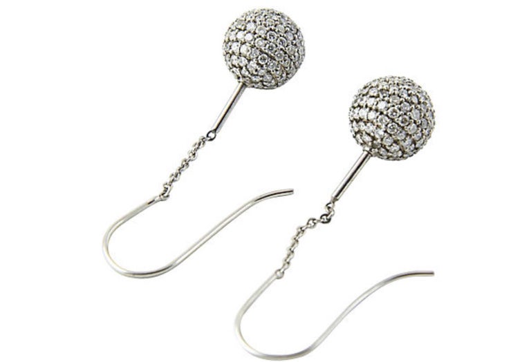 Pavé Diamond White Gold Ball Dangle Drop Earrings For Sale at 1stDibs
