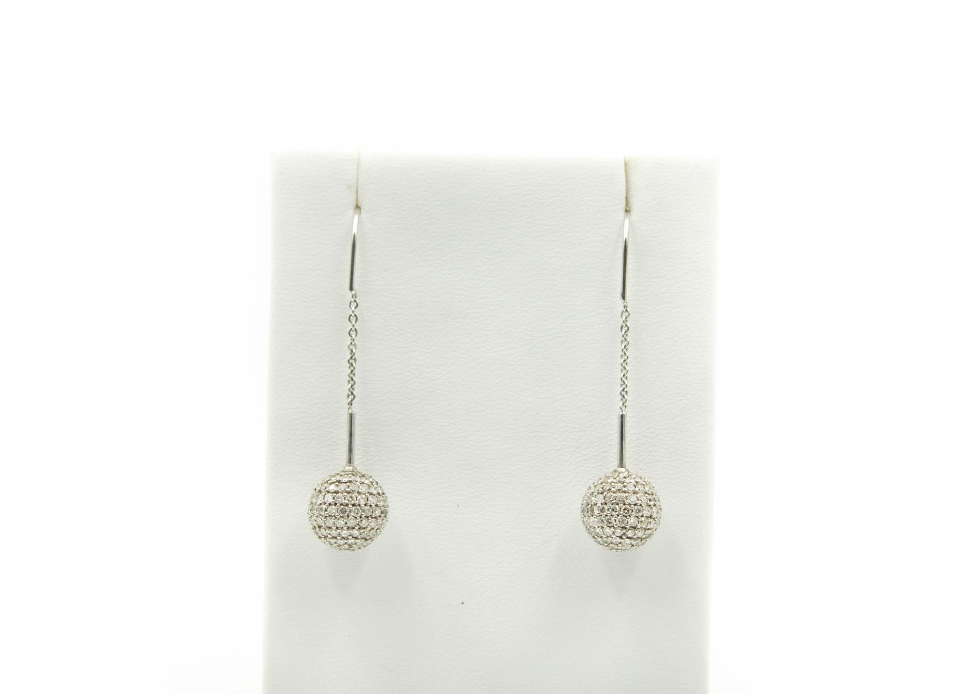 Pavé Diamond White Gold Ball Dangle Drop Earrings In Excellent Condition For Sale In Miami Beach, FL