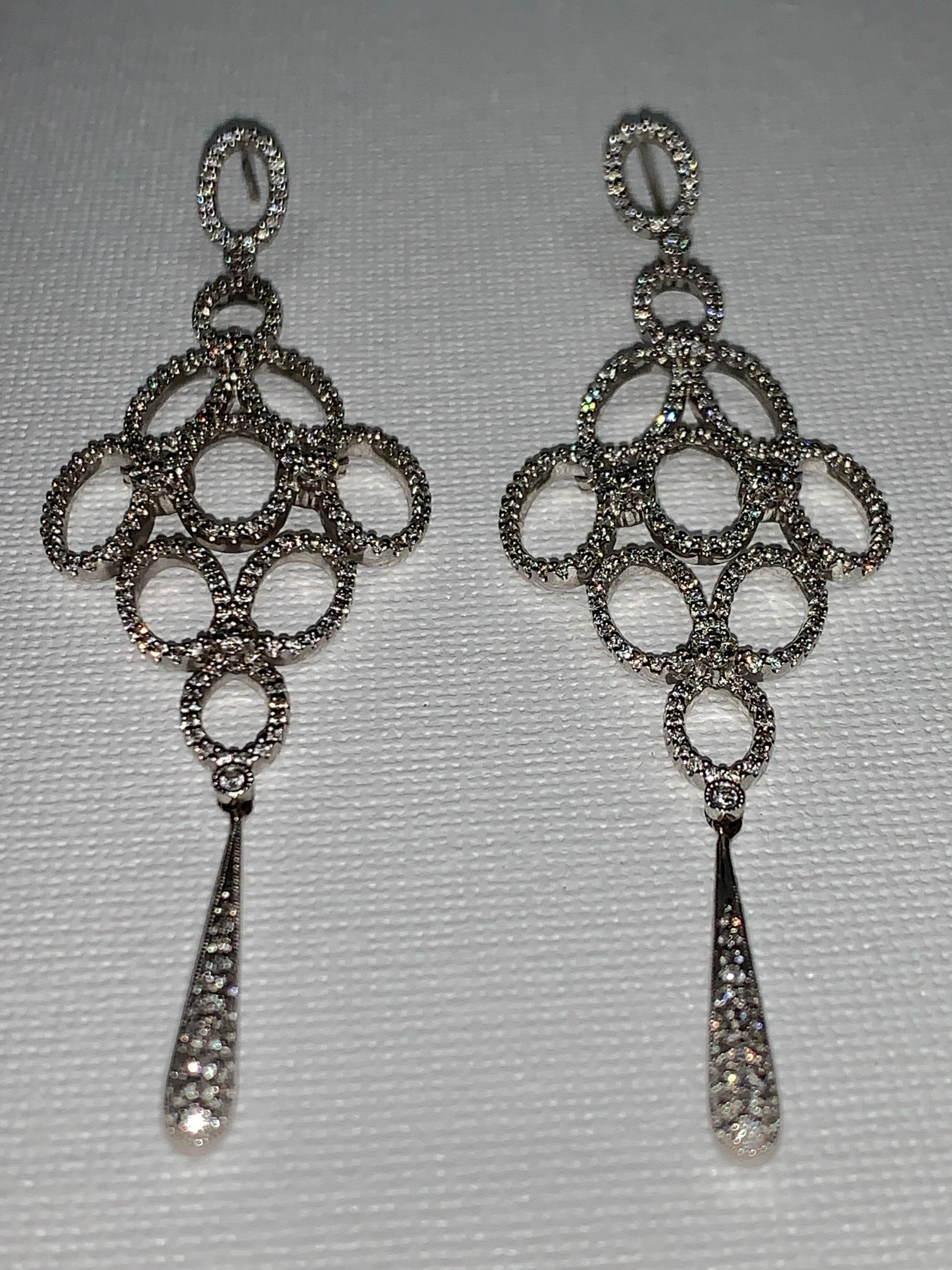 Art Nouveau Pavé Diamond, White Gold Earrings, 2.36 Carats For Sale