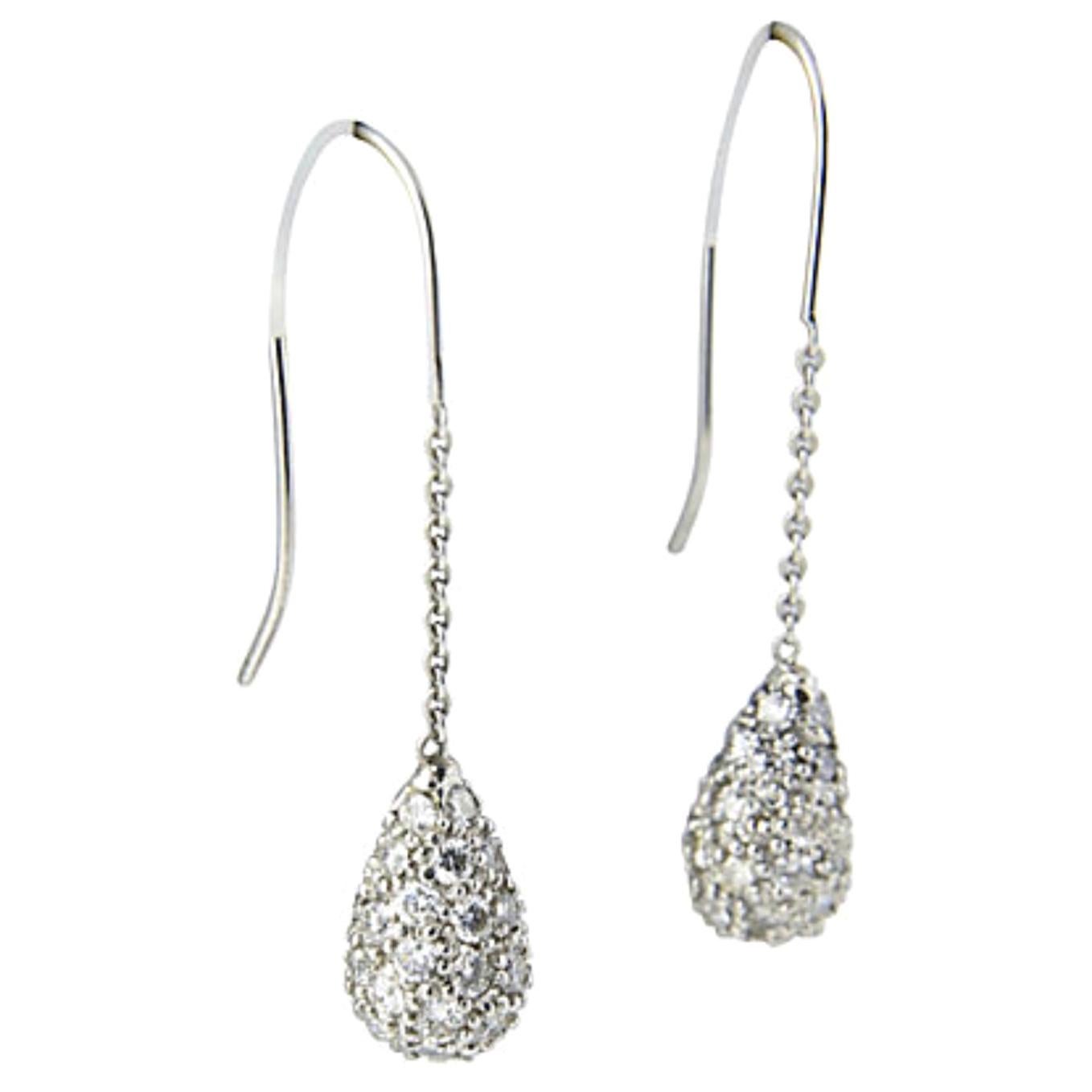 Pavé Diamond White Gold Teardrop Dangle Drop Earrings For Sale