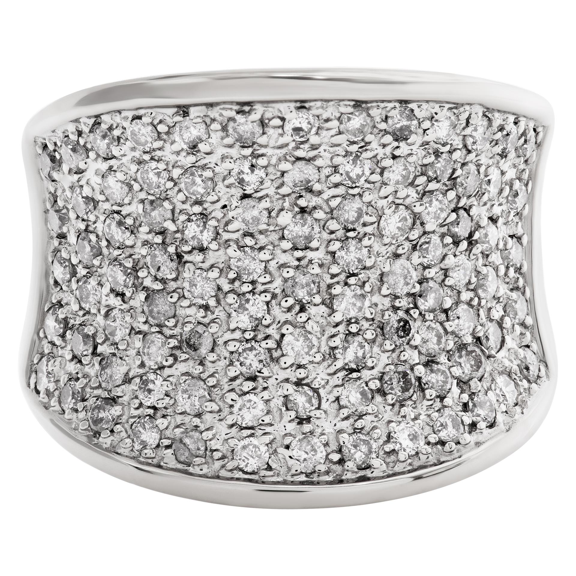 Wide pave diamond ring in 14k white gold, with over 2.50 carats in G-H color, VS clarity diamonds. Size 7.75.  This Diamond ring is currently size 7.75 and some items can be sized up or down, please ask! It weighs 6.2 pennyweights and is 14k White