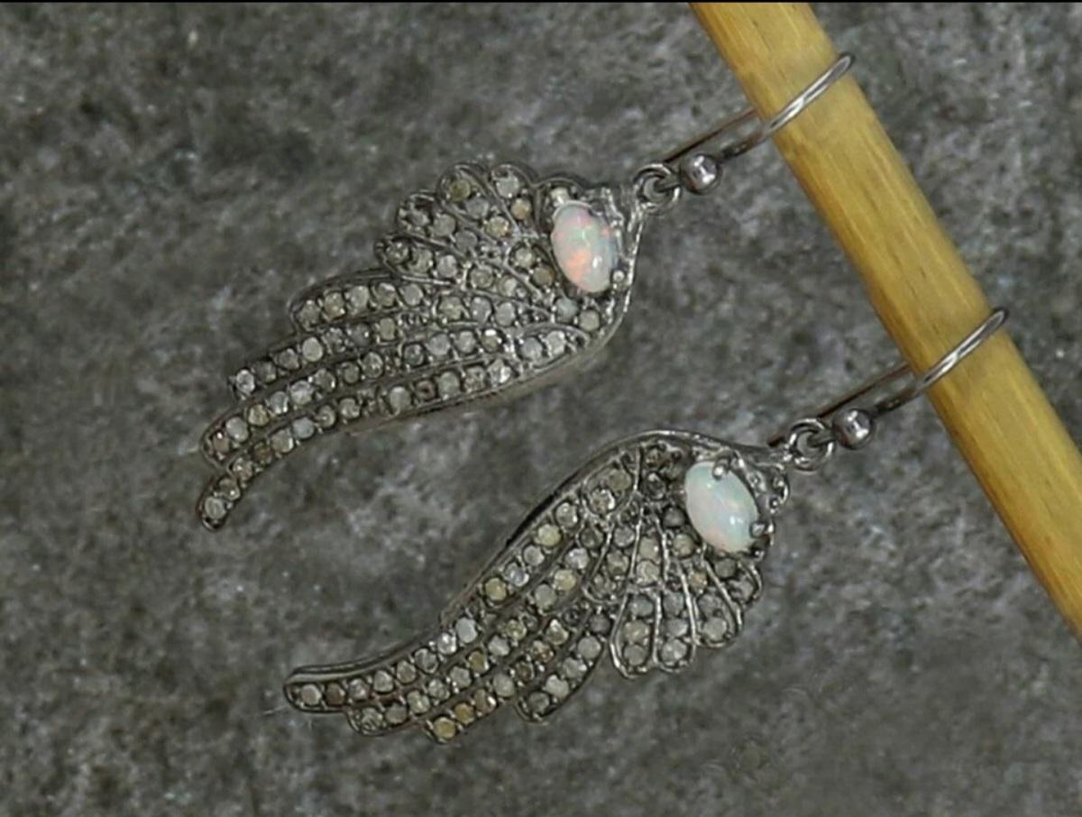 Art Deco Pave Diamond Wing Earring 925 Silver Opal Stone Wedding Earring Dainty Charm. For Sale