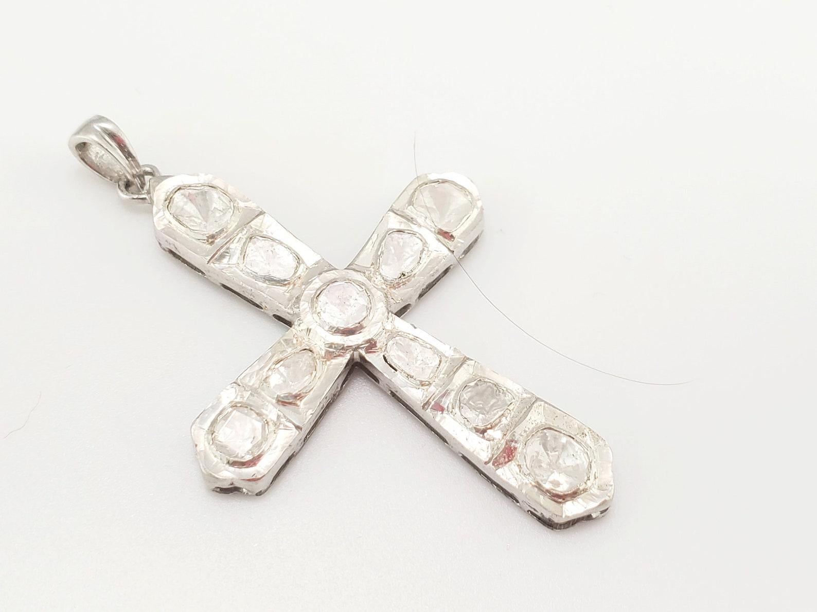 Round Cut Pave Diamond with Rose Cut Diamond Cross 925 Sterling Silver Polki Antique Cross For Sale