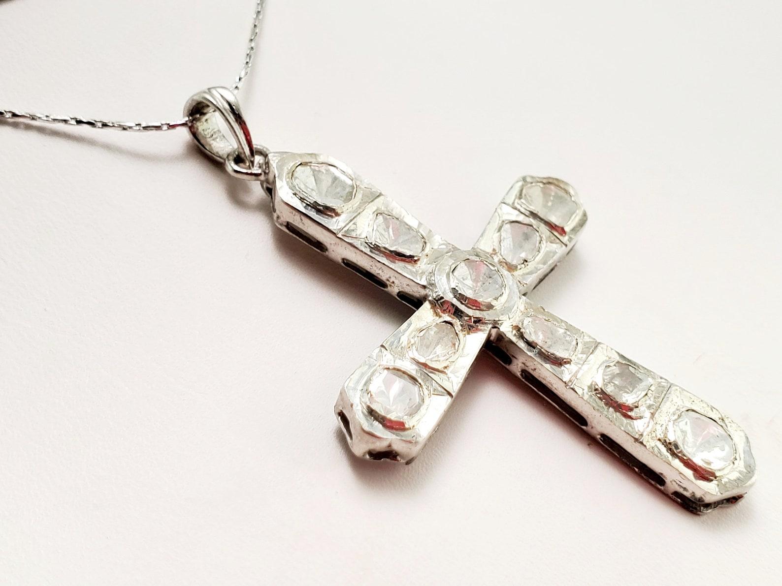 Women's or Men's Pave Diamond with Rose Cut Diamond Cross 925 Sterling Silver Polki Antique Cross For Sale