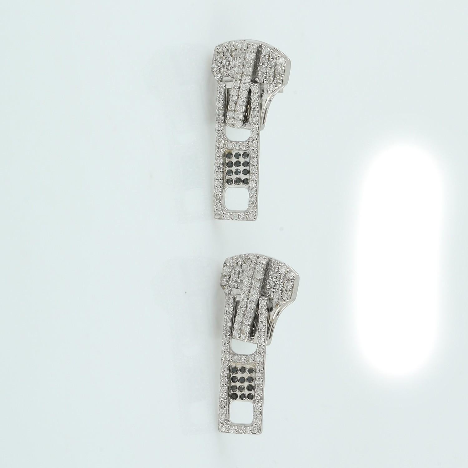 Mixed Cut Pave Diamond Zipper Dangle Earrings Made In 18k White Gold For Sale