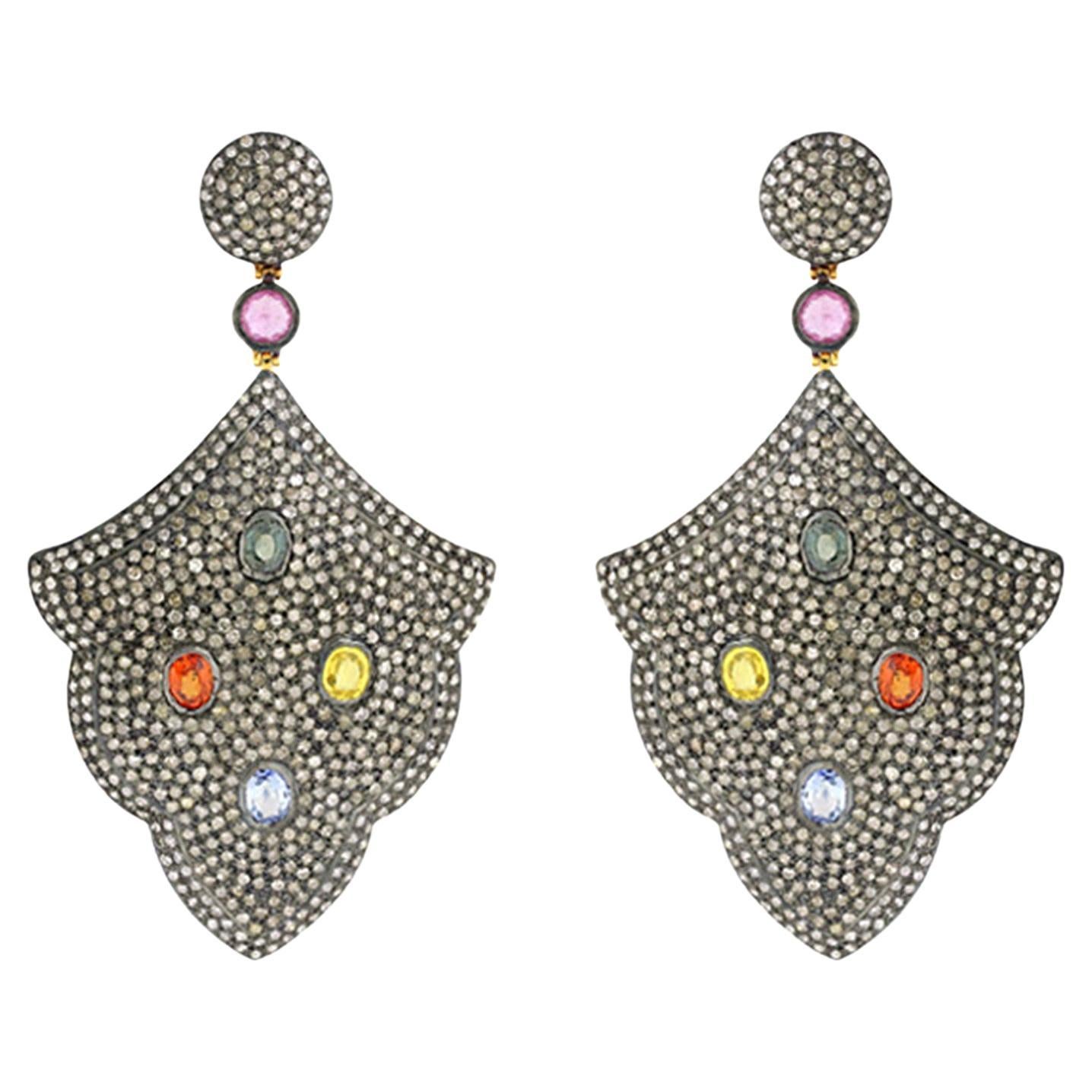 Pave Diamonds 18k Yellow & Silver Dangle Earrings With Multi Gemstone For Sale