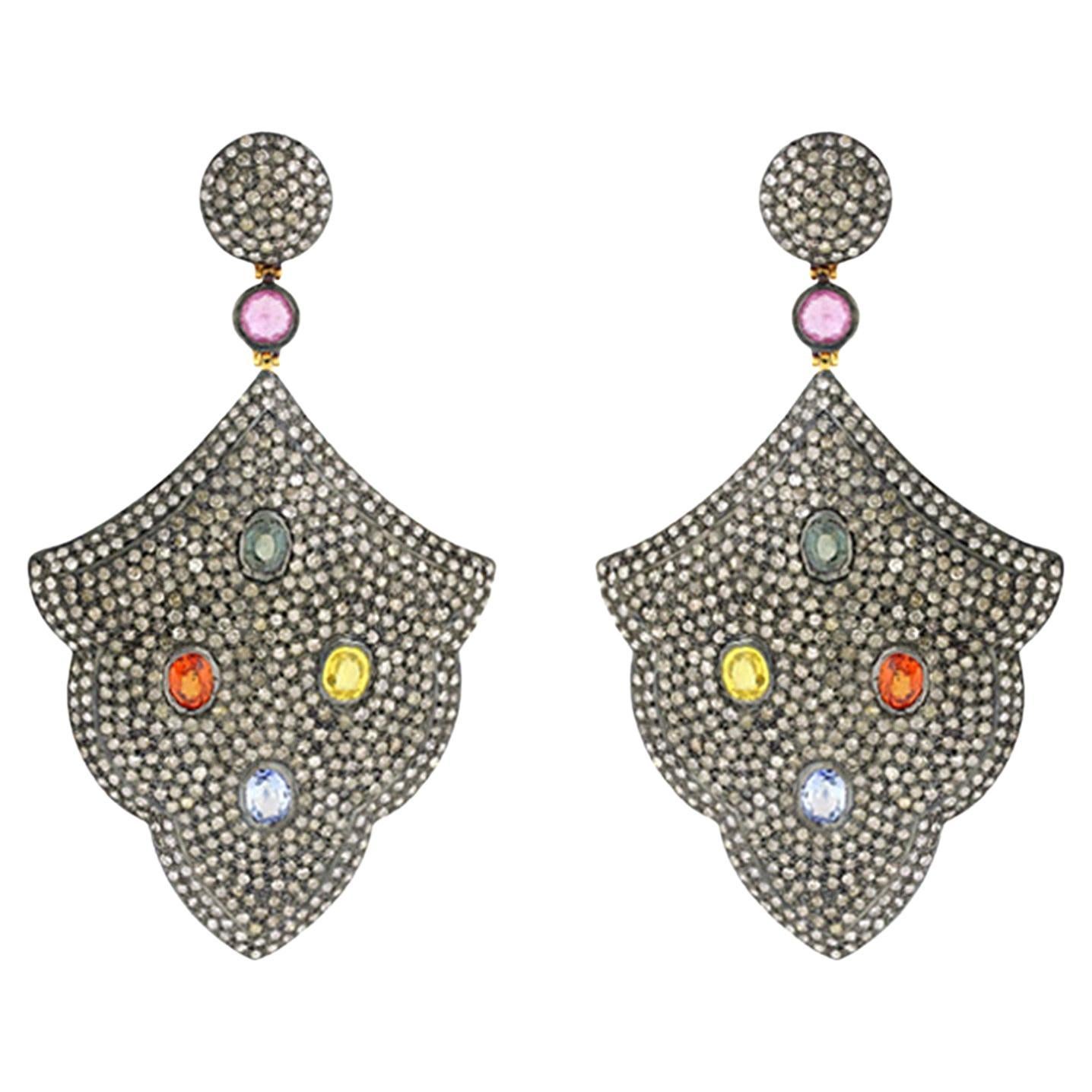 Pave Diamonds 18k Yellow & Silver Dangle Earrings With Multi Gemstone