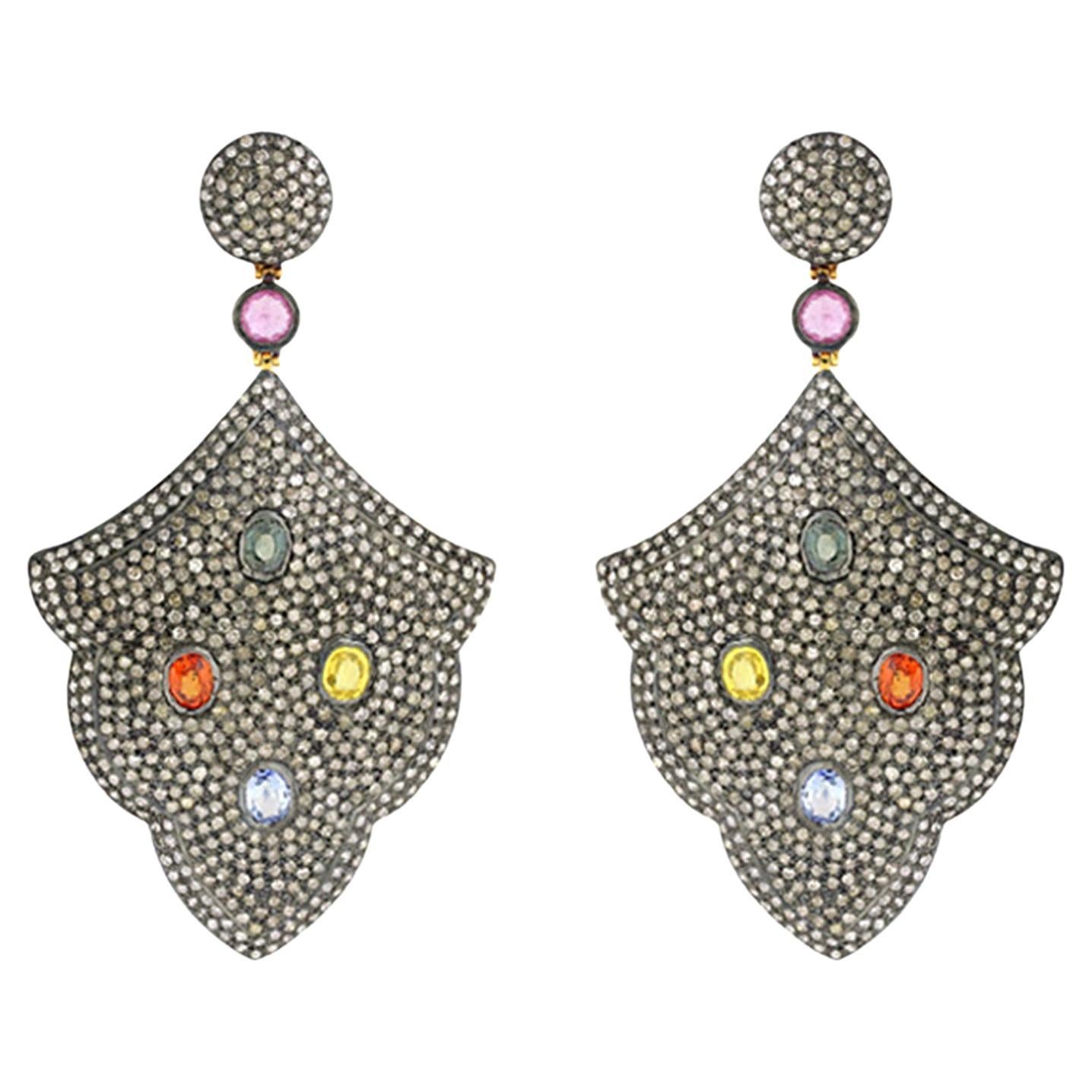 Pave Diamonds 18k Yellow & Silver Dangle Earrings With Multi Gemstone