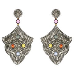 Pave Diamonds 18k Yellow & Silver Dangle Earrings With Multi Gemstone