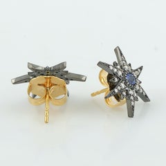 Pave Diamonds & Blue Sapphire Victorian Star Studs In 18k Yellow Gold & Silver
