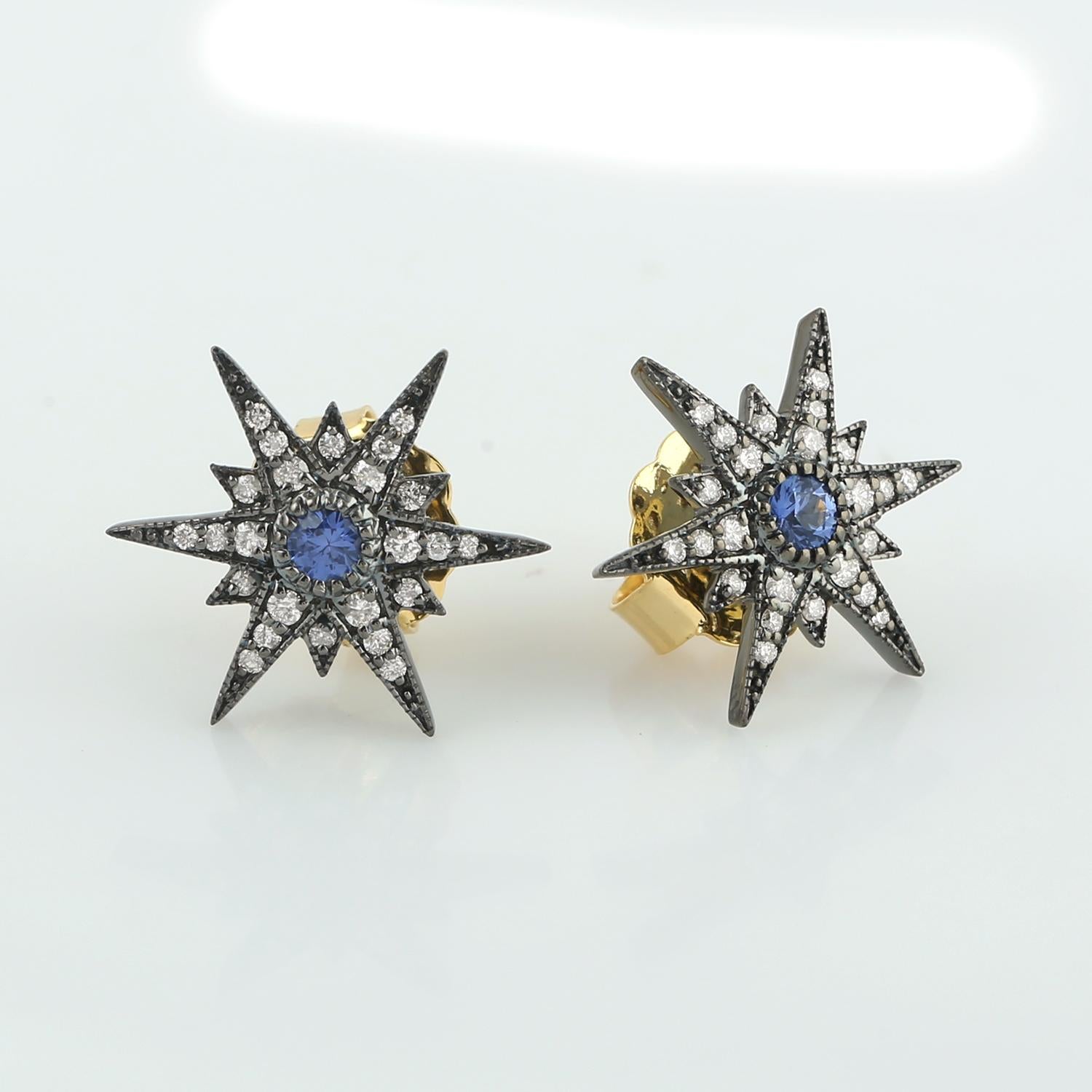 Artisan Pave Diamonds & Blue Sapphire Victorian Star Studs In 18k Yellow Gold & Silver For Sale