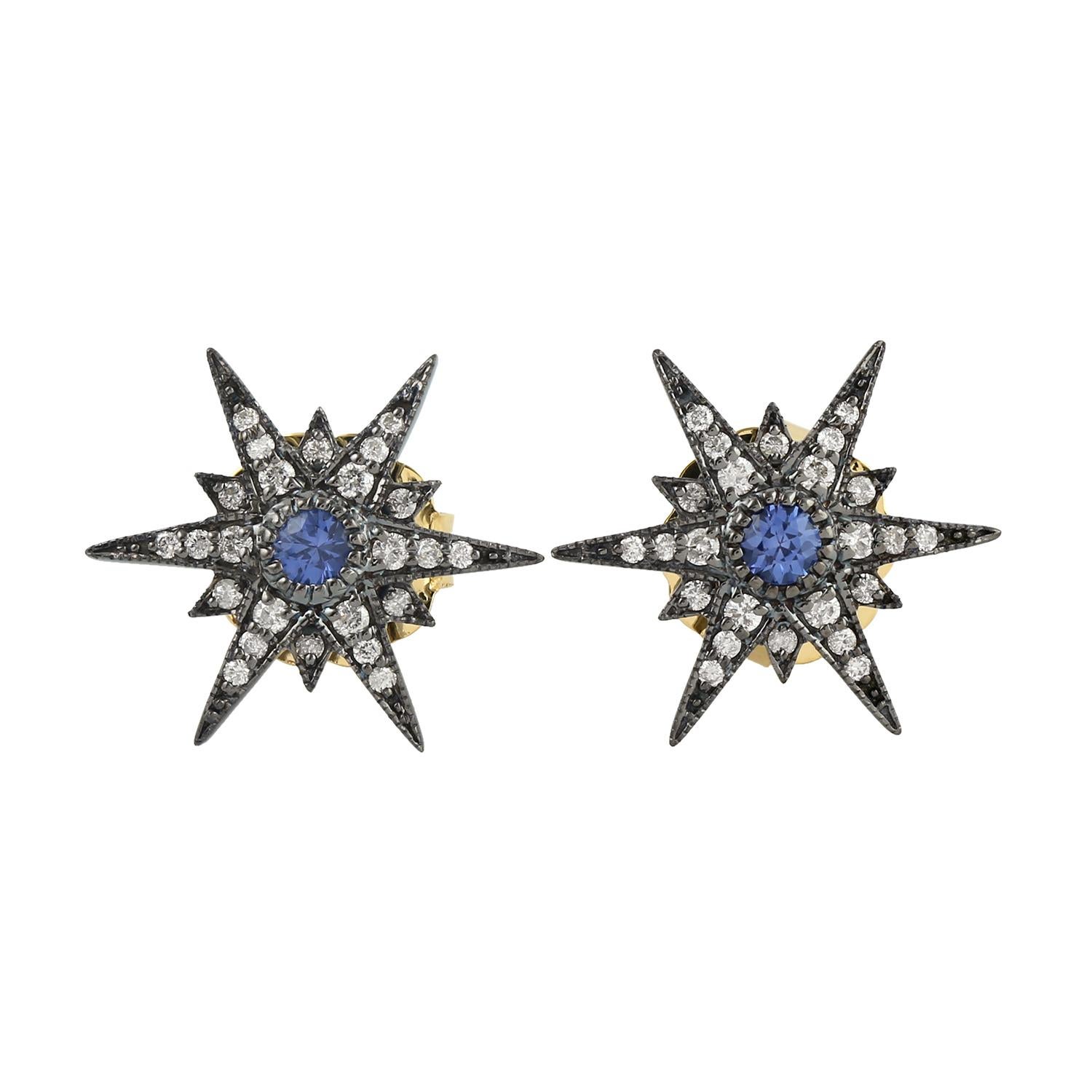 Mixed Cut Pave Diamonds & Blue Sapphire Victorian Star Studs In 18k Yellow Gold & Silver For Sale