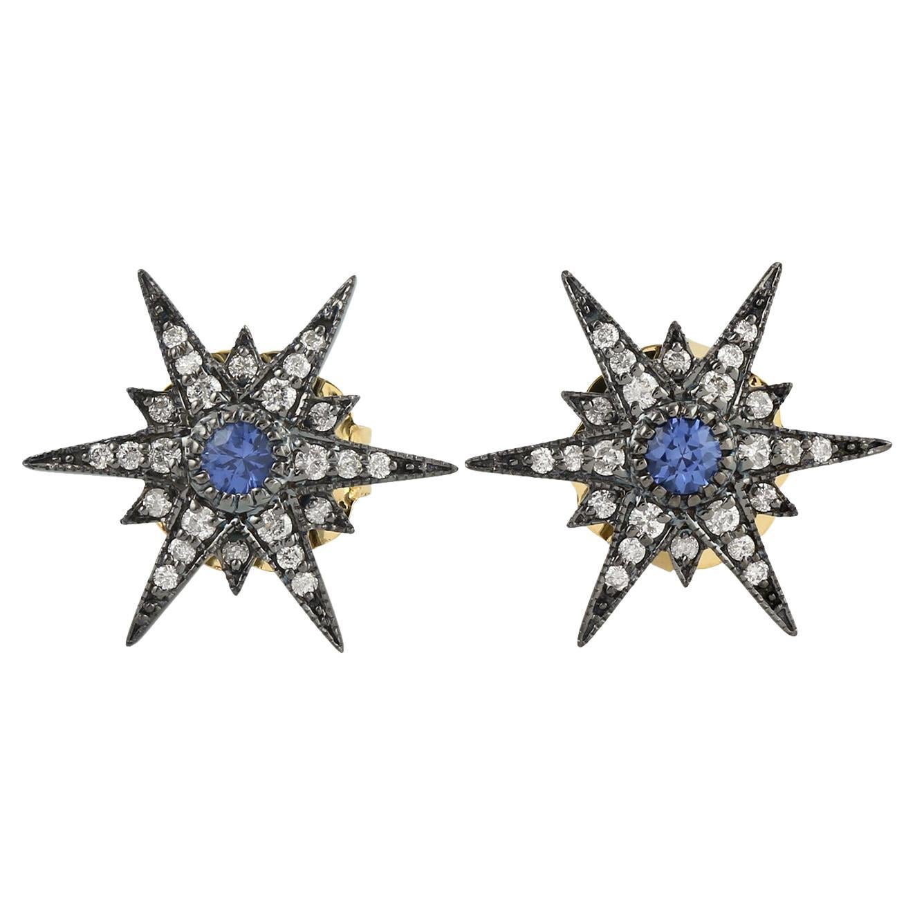 Pave Diamonds & Blue Sapphire Victorian Star Studs In 18k Yellow Gold & Silver For Sale