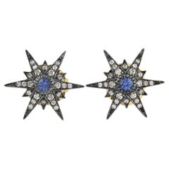 Pendientes de estrella victoriana con pavé de diamantes y zafiro azul en oro amarillo de 18 quilates y plata
