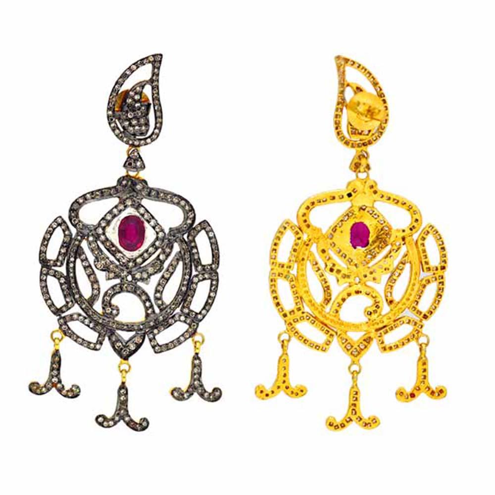 Contemporary Pave Diamonds Dangle Earrings Accented with Ruby in 14k Yellow Gold & Silver For Sale