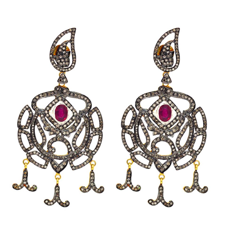 Mixed Cut Pave Diamonds Dangle Earrings Accented with Ruby in 14k Yellow Gold & Silver For Sale