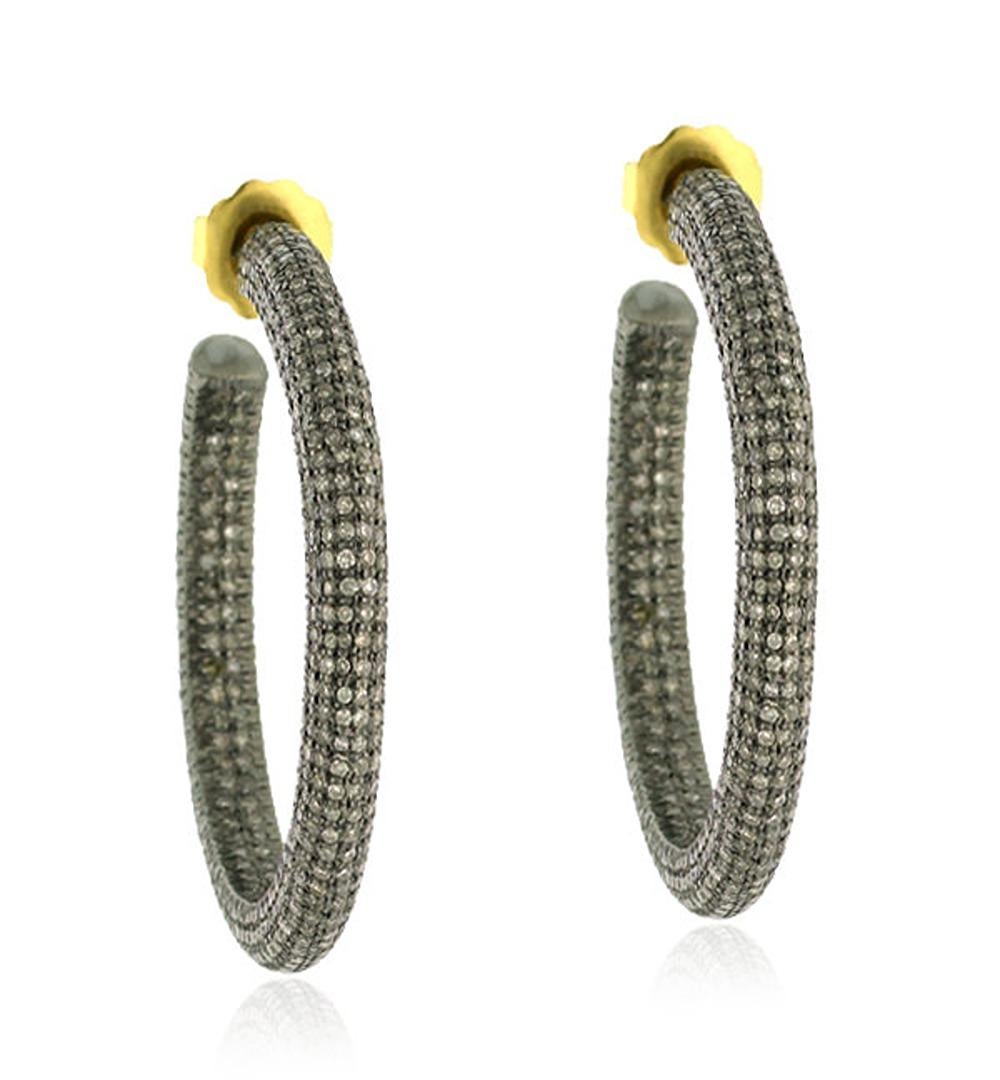 Art Nouveau Pave Diamonds Hoop Earrings Made In 18k Yellow Gold & Silver For Sale