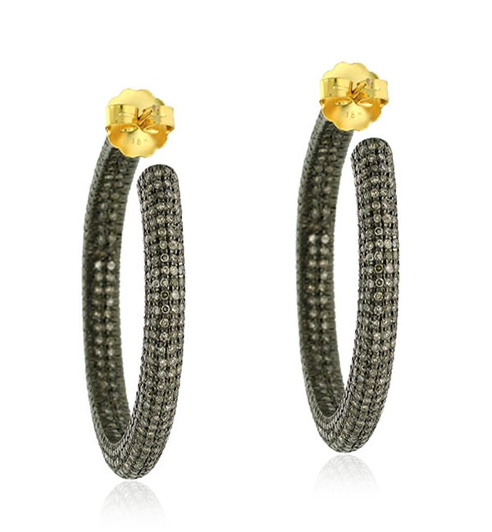 Mixed Cut Pave Diamonds Hoop Earrings Made In 18k Yellow Gold & Silver For Sale