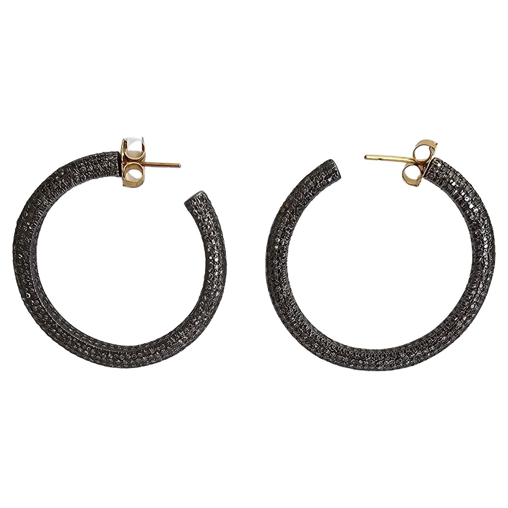 Pave Diamonds Hoop Earrings Made In 18k Yellow Gold & Silver For Sale