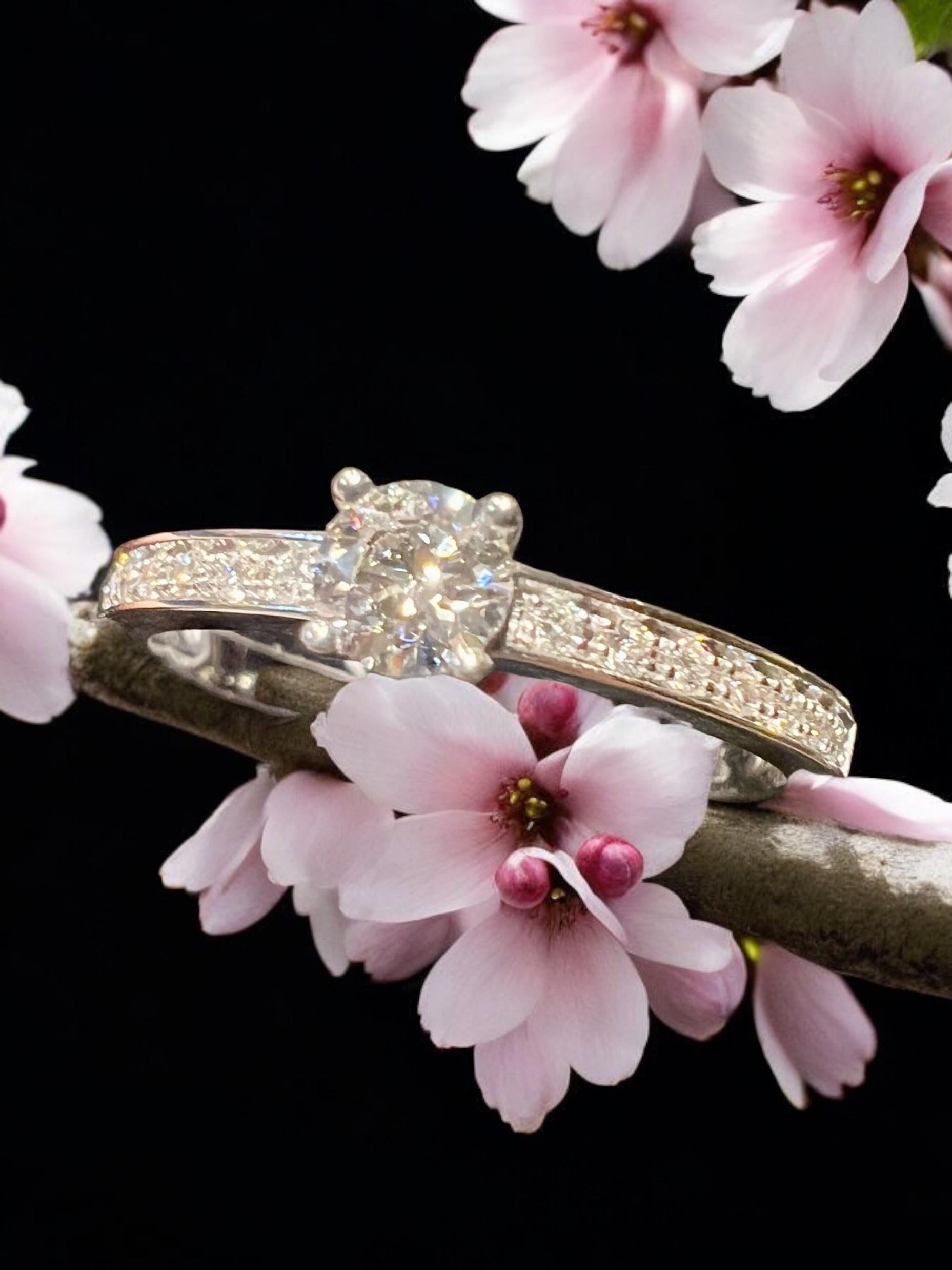 Very elegant “Solitaire” ring set in its center with a 0.15-carat modern-cut diamond, estimated by me at H color, VS1 clarity, surrounded by a pavement of small modern-cut diamonds totaling approx. 0.10 carat. This stone is sparkling, and this model