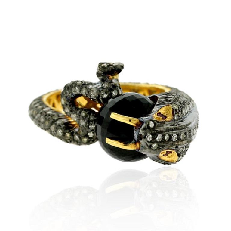 Art Nouveau Pave Diamonds Snake Shaped Ring w/ Ruby Eyes & Black Onyx Made In Gold & Silver For Sale