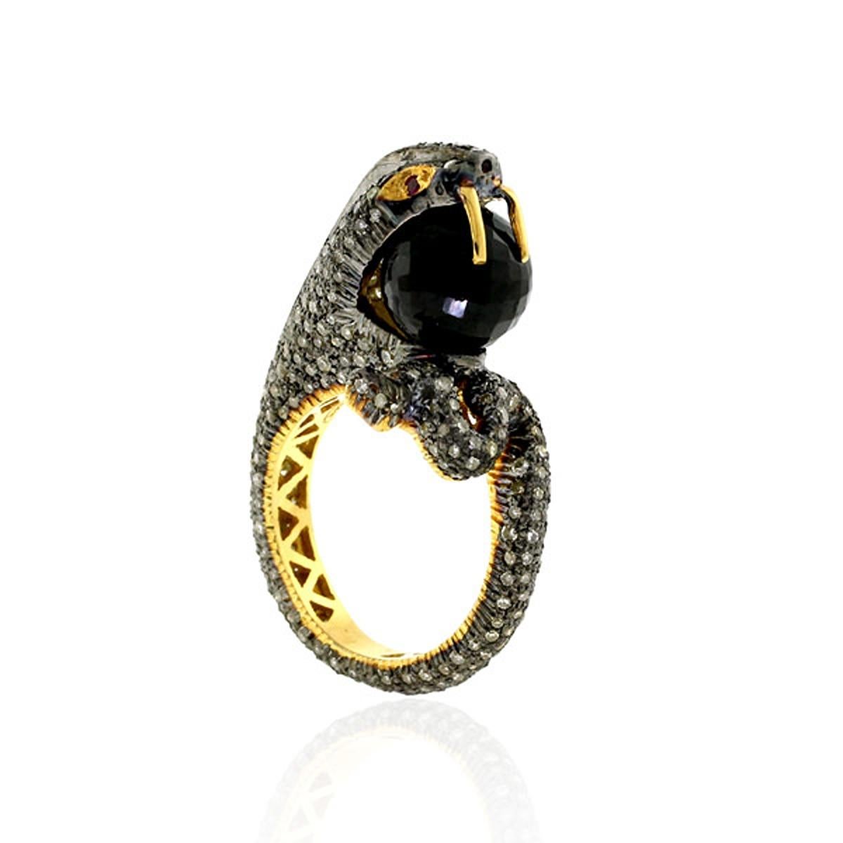 Mixed Cut Pave Diamonds Snake Shaped Ring w/ Ruby Eyes & Black Onyx Made In Gold & Silver For Sale