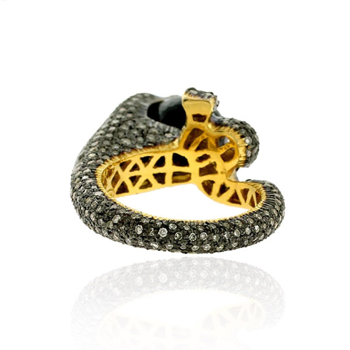 Pave Diamonds Snake Shaped Ring w/ Ruby Eyes & Black Onyx Made In Gold & Silver In New Condition For Sale In New York, NY