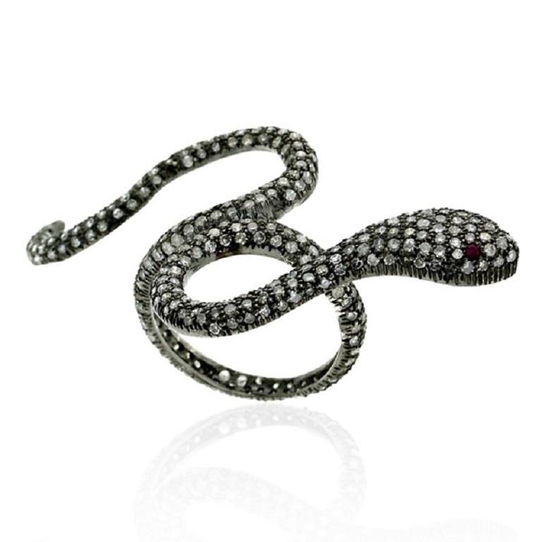 Art Nouveau Pave Diamonds Snake Shaped Ring With Ruby Eyes For Sale