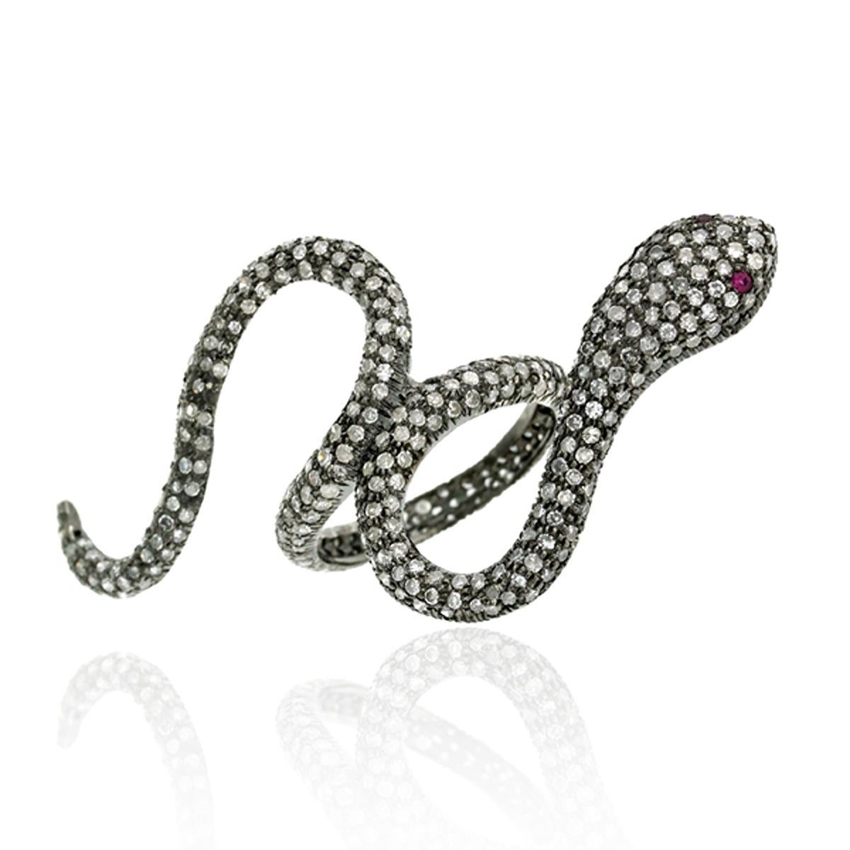 Mixed Cut Pave Diamonds Snake Shaped Ring With Ruby Eyes For Sale