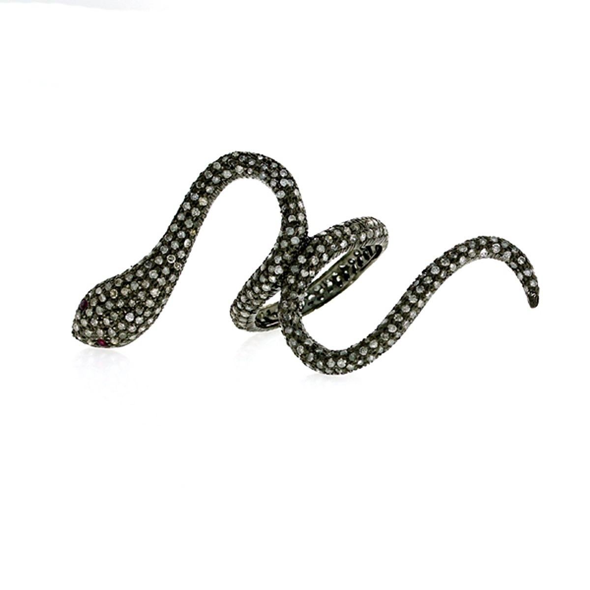 Pave Diamonds Snake Shaped Ring With Ruby Eyes In New Condition For Sale In New York, NY