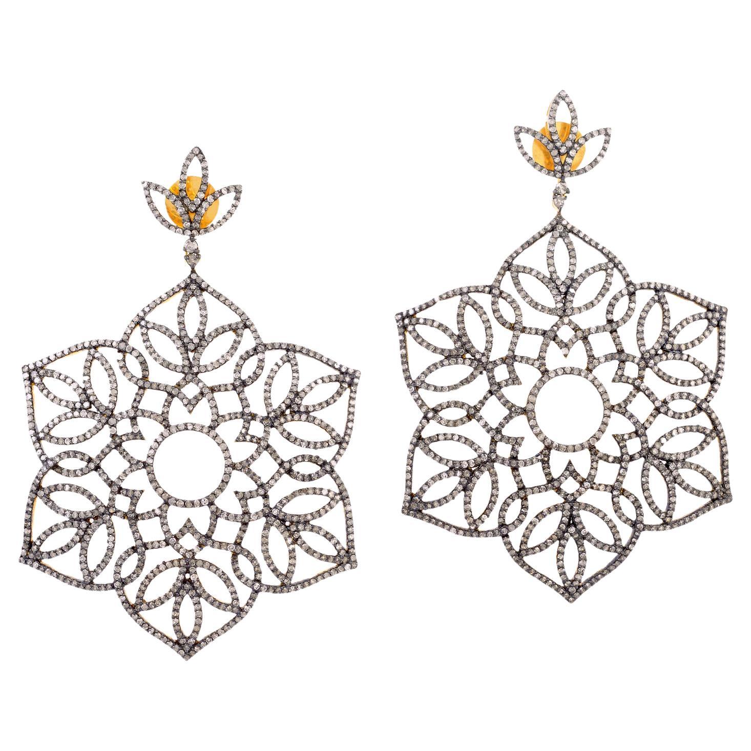 Pave Diamonds Snow Flakes Shaped Dangle Earrings made In 18k Yellow Gold For Sale