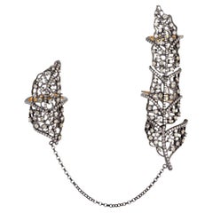 Pave Diamonds Two Finger Ring Made In 18k Gold & Silver