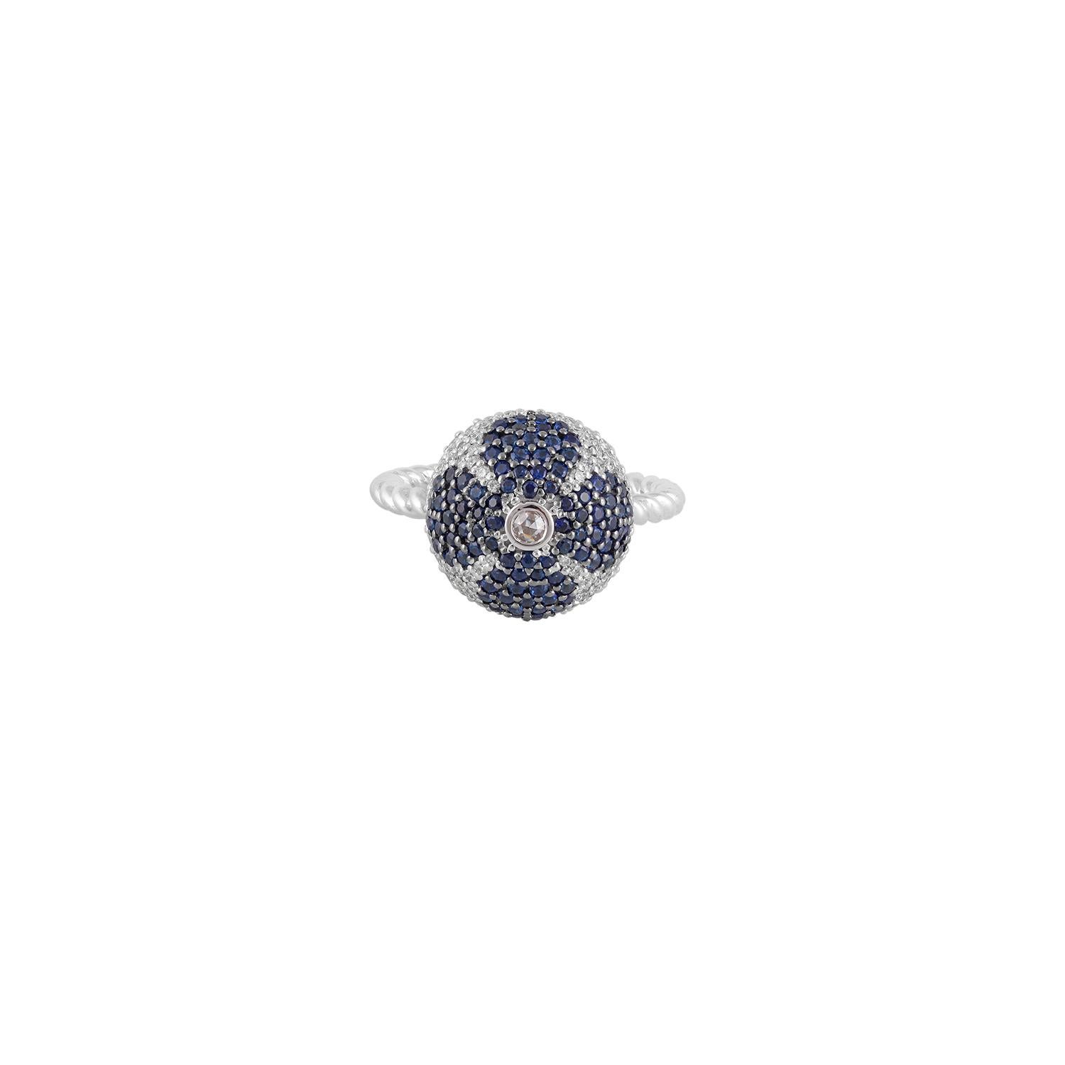 One dome ring set in Centre with natural blue sapphires with brilliant cut white diamonds finish in 18kt white gold.

92 natural blue sapphires 0.81ct total weight


22 Rose cut natural diamonds 0.03 CT total weight
22 brilliant cut natural diamonds
