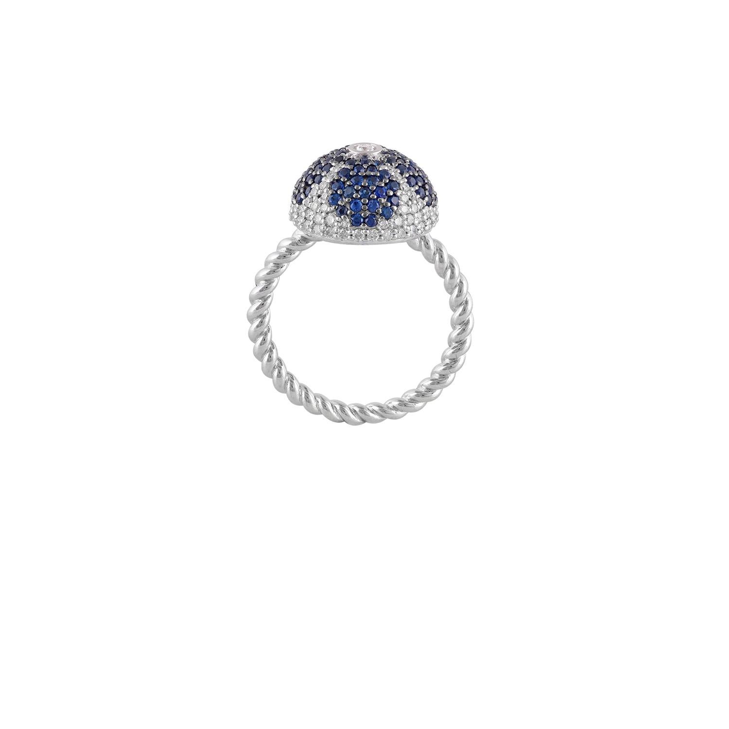 Art Deco Pave Dome Ring with Natural Blue & Diamonds in 18 Karat White Gold For Sale