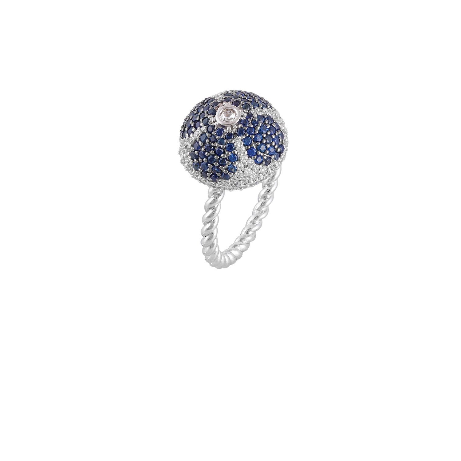Round Cut Pave Dome Ring with Natural Blue & Diamonds in 18 Karat White Gold For Sale