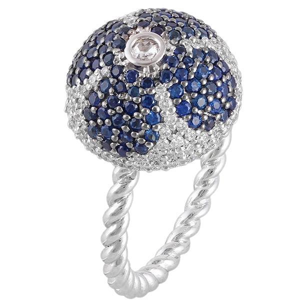 Pave Dome Ring with Natural Blue & Diamonds in 18 Karat White Gold For Sale