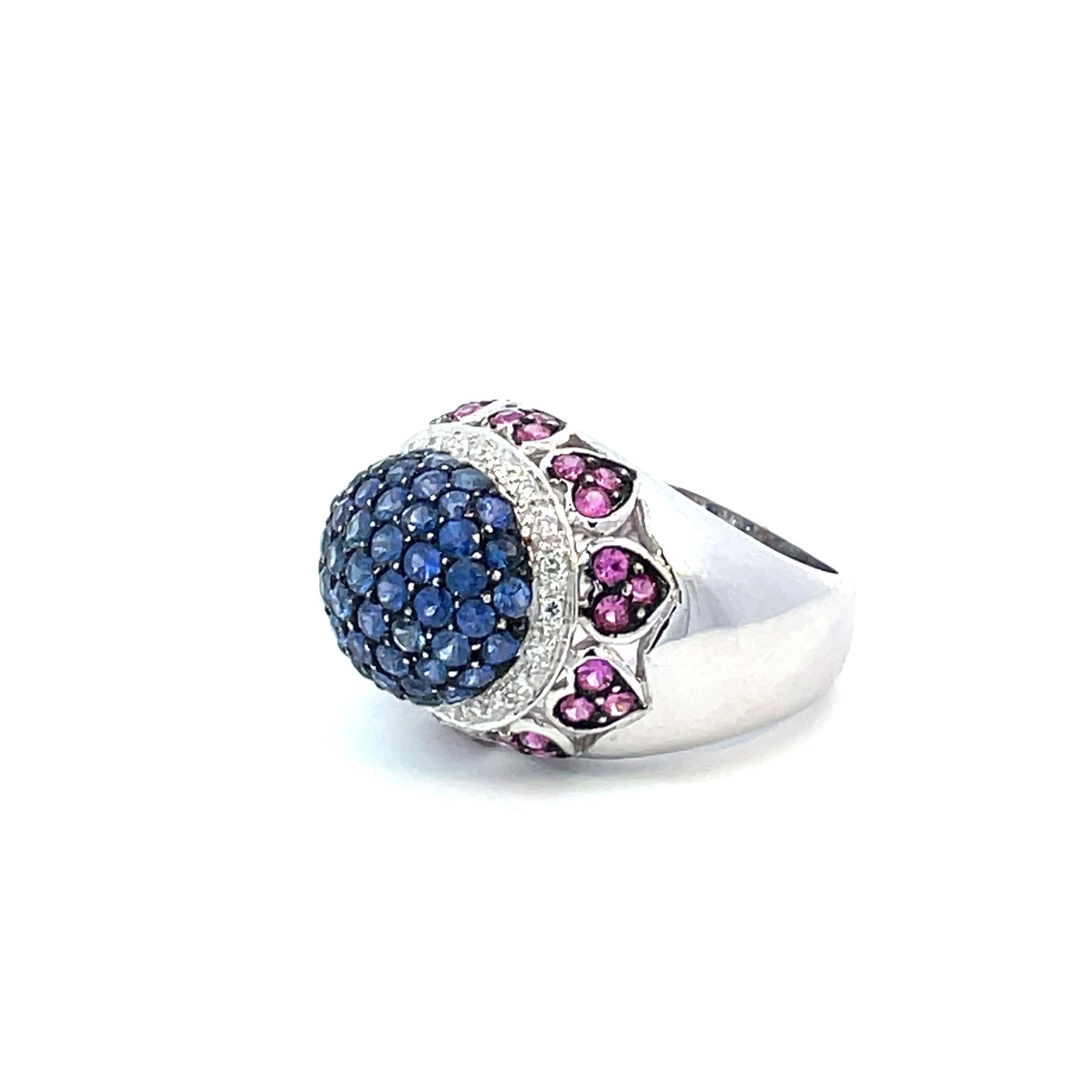 Contemporary Pavé Dome Ring with Natural Blue & Pink Sapphires & Diamonds in 18kt White Gold For Sale