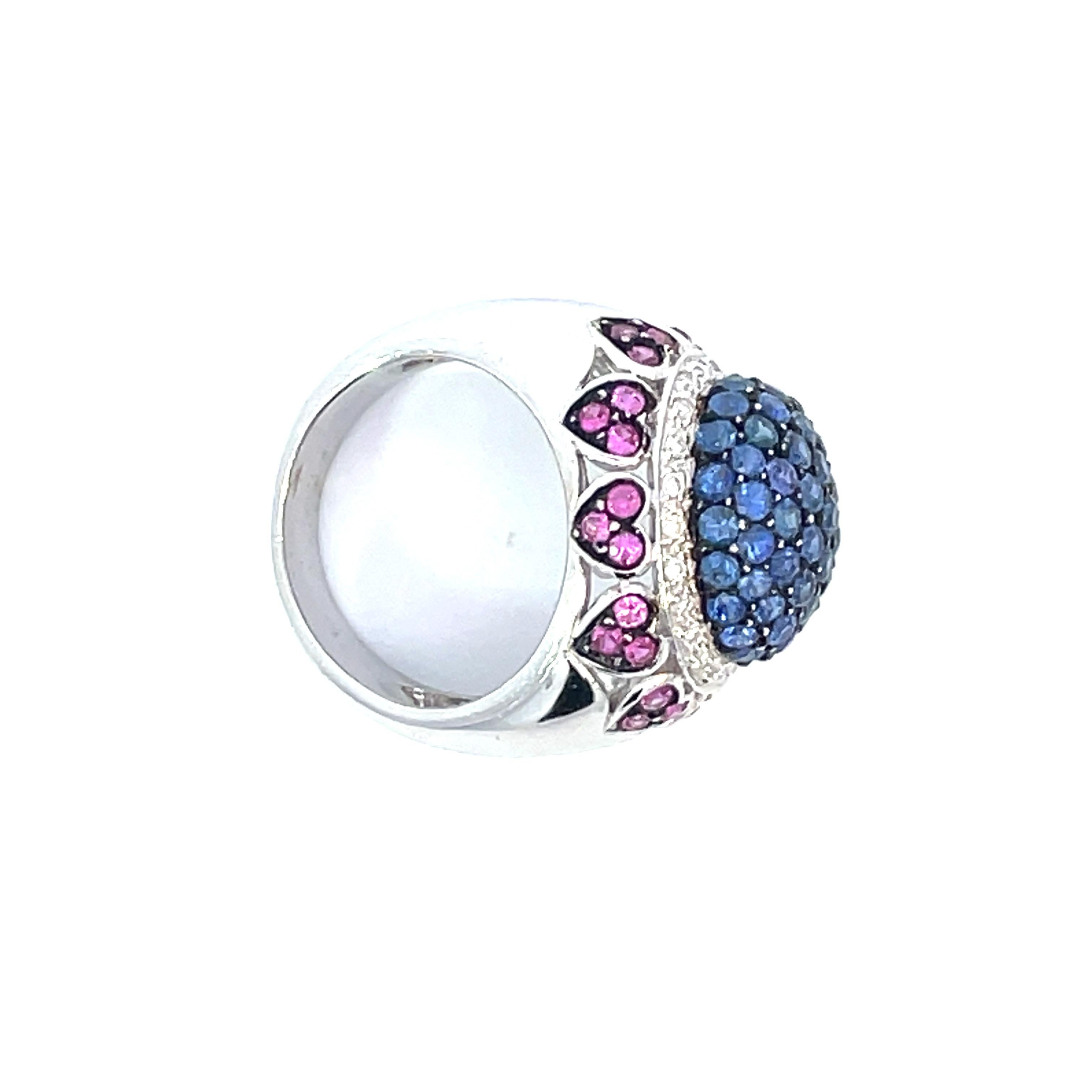 Round Cut Pavé Dome Ring with Natural Blue & Pink Sapphires & Diamonds in 18kt White Gold For Sale