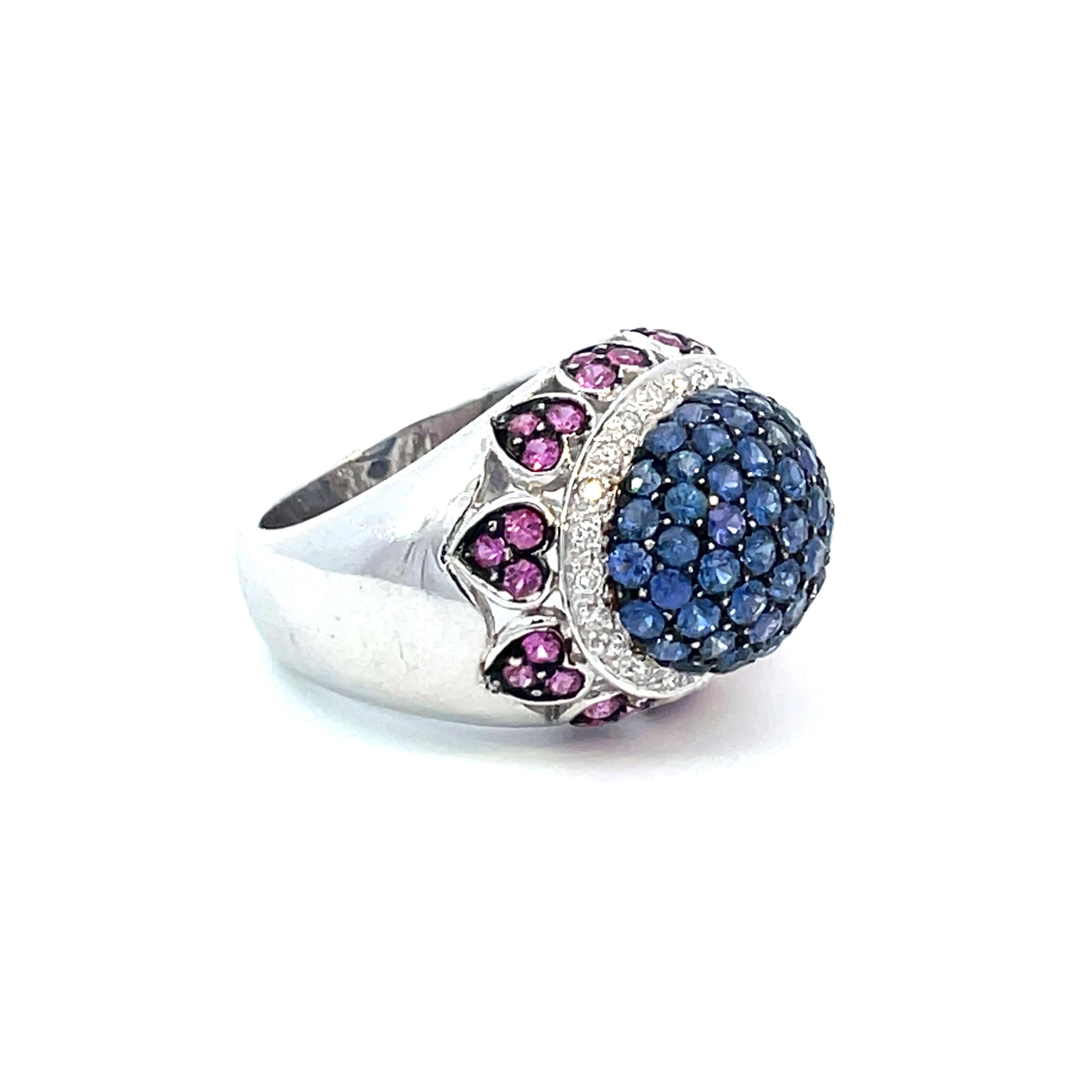 Pavé Dome Ring with Natural Blue & Pink Sapphires & Diamonds in 18kt White Gold In New Condition For Sale In Westmount, CA