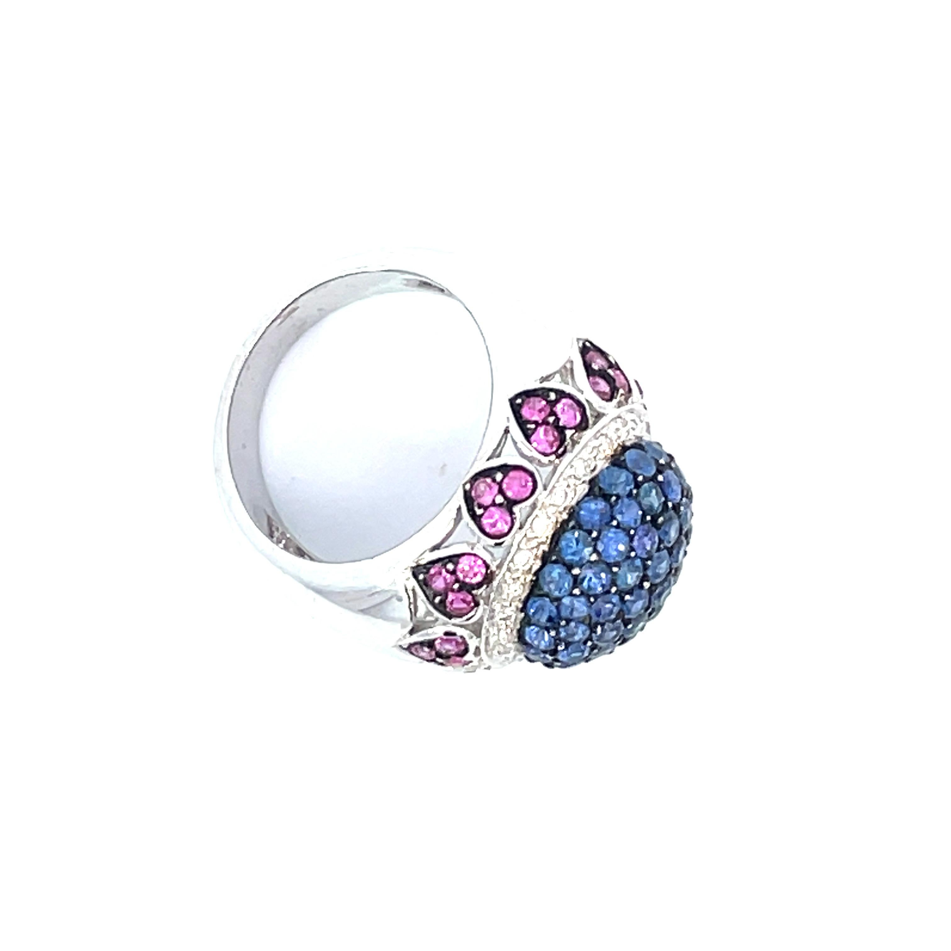 Women's Pavé Dome Ring with Natural Blue & Pink Sapphires & Diamonds in 18kt White Gold For Sale