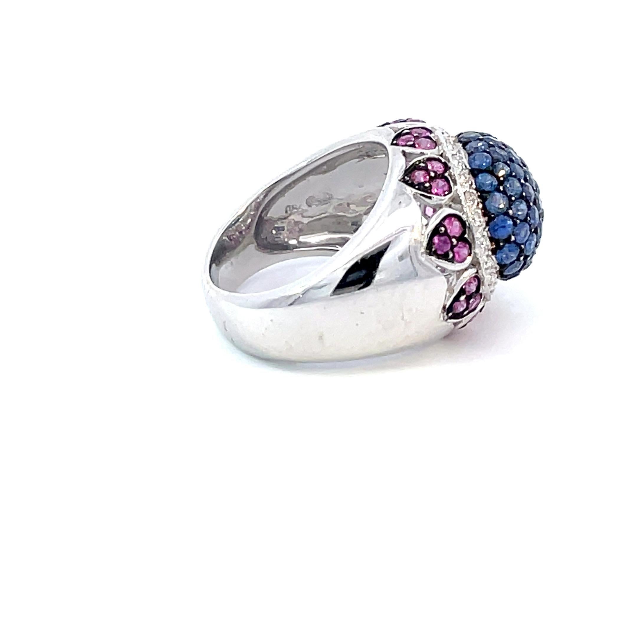 Pavé Dome Ring with Natural Blue & Pink Sapphires & Diamonds in 18kt White Gold For Sale 1