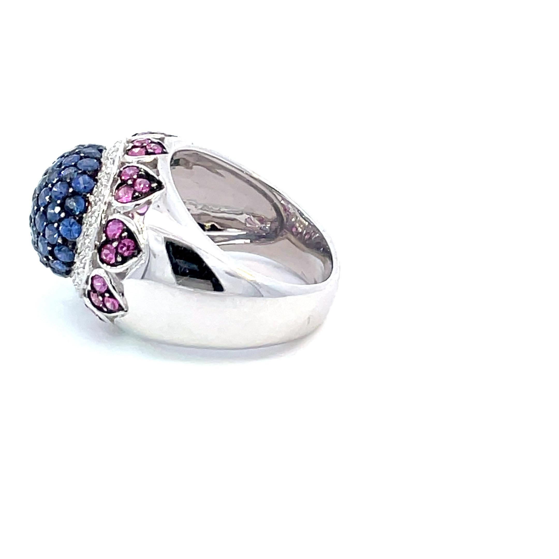 Pavé Dome Ring with Natural Blue & Pink Sapphires & Diamonds in 18kt White Gold For Sale 1