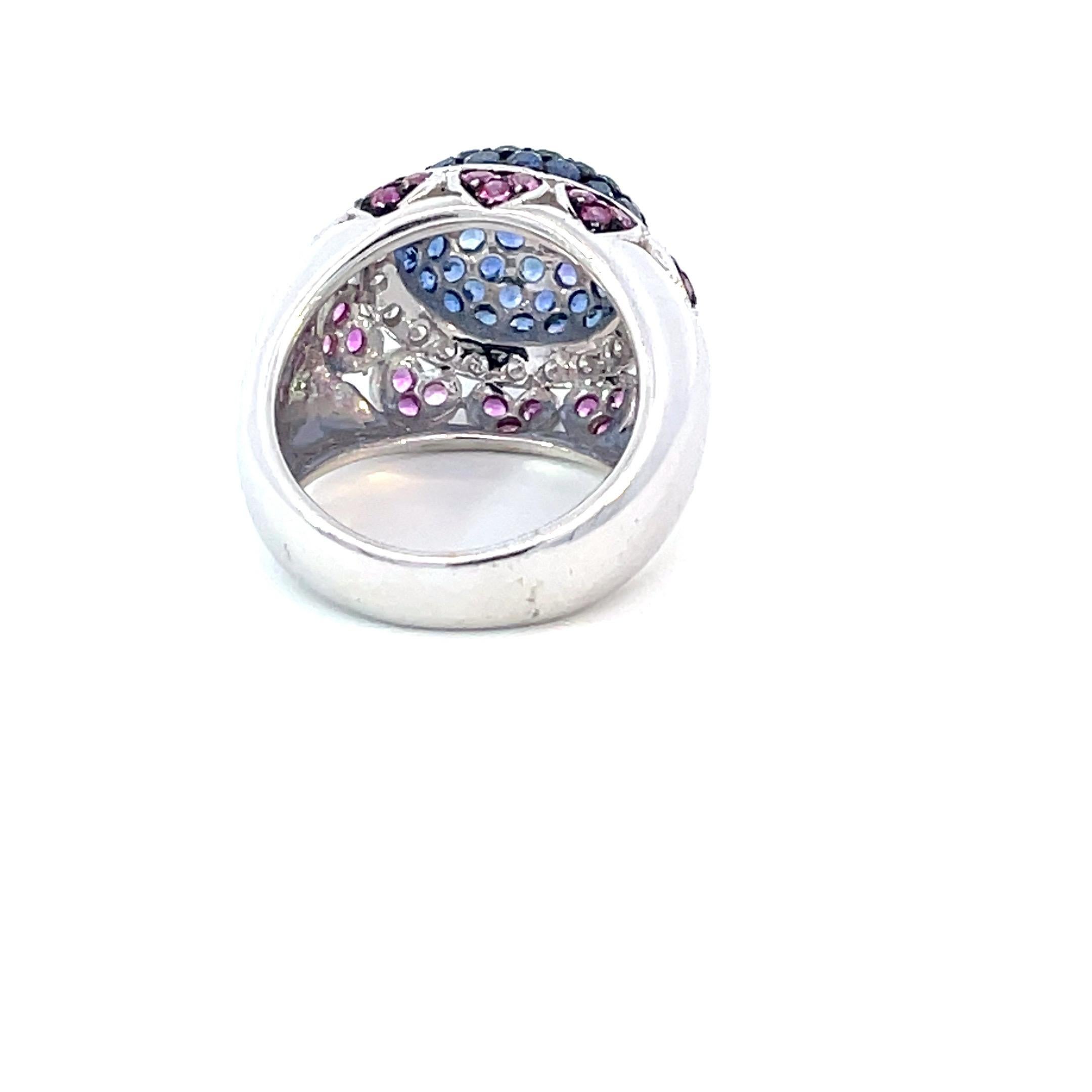 Pavé Dome Ring with Natural Blue & Pink Sapphires & Diamonds in 18kt White Gold For Sale 2