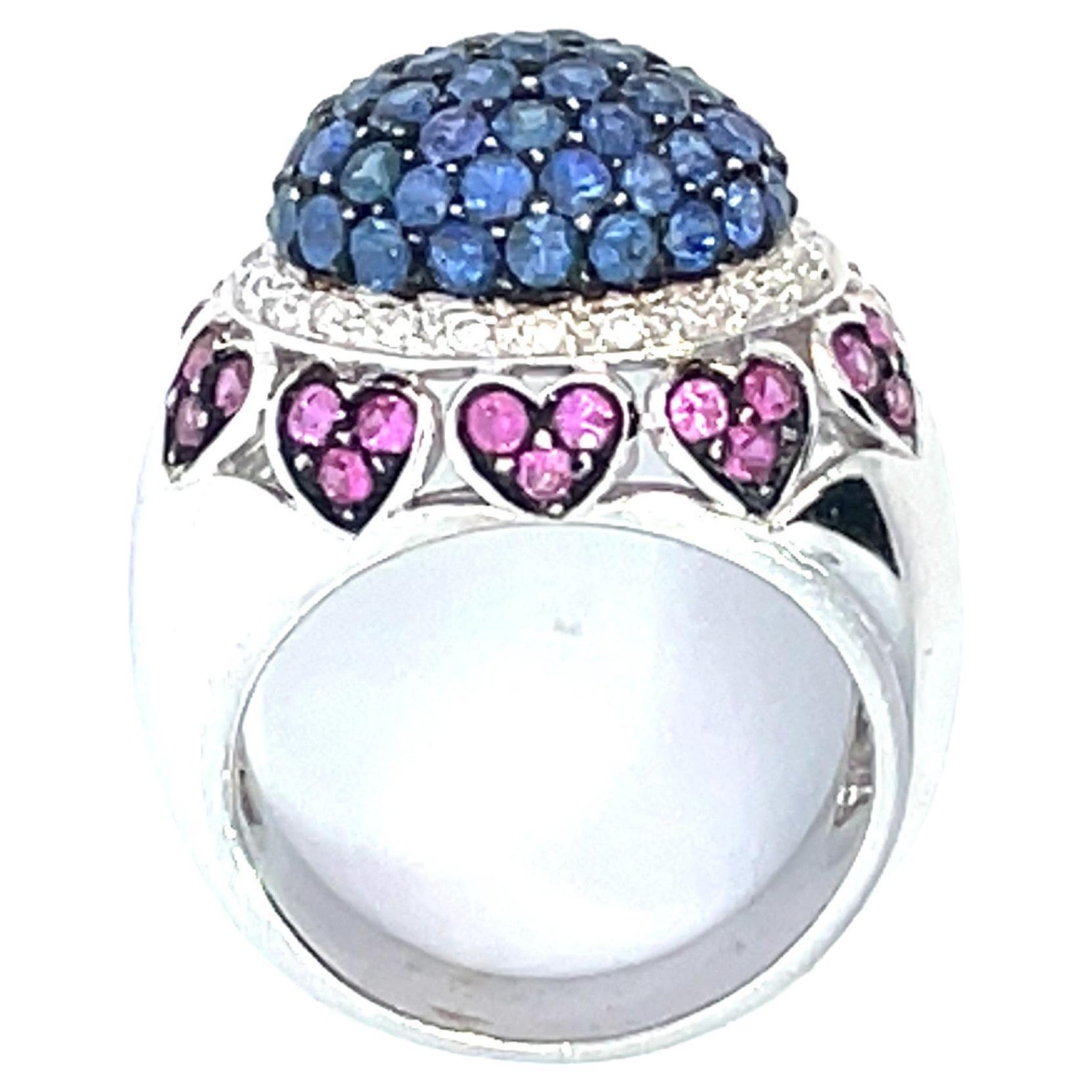 Pavé Dome Ring with Natural Blue & Pink Sapphires & Diamonds in 18kt White Gold