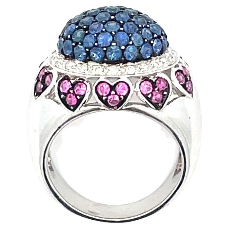 Pavé Dome Ring with Natural Blue & Pink Sapphires & Diamonds in 18kt White Gold For Sale