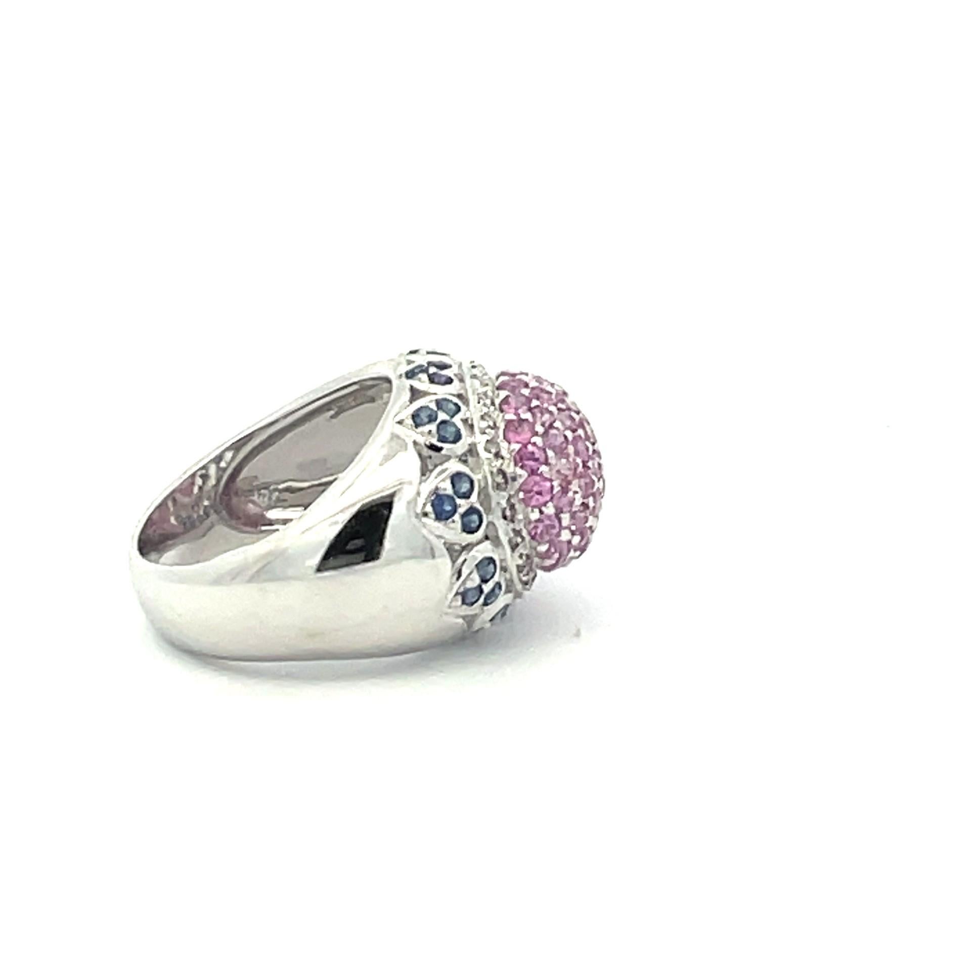 Contemporary Pavé Dome Ring with Natural Pink & Blue Sapphires & Diamonds in 18kt White Gold For Sale