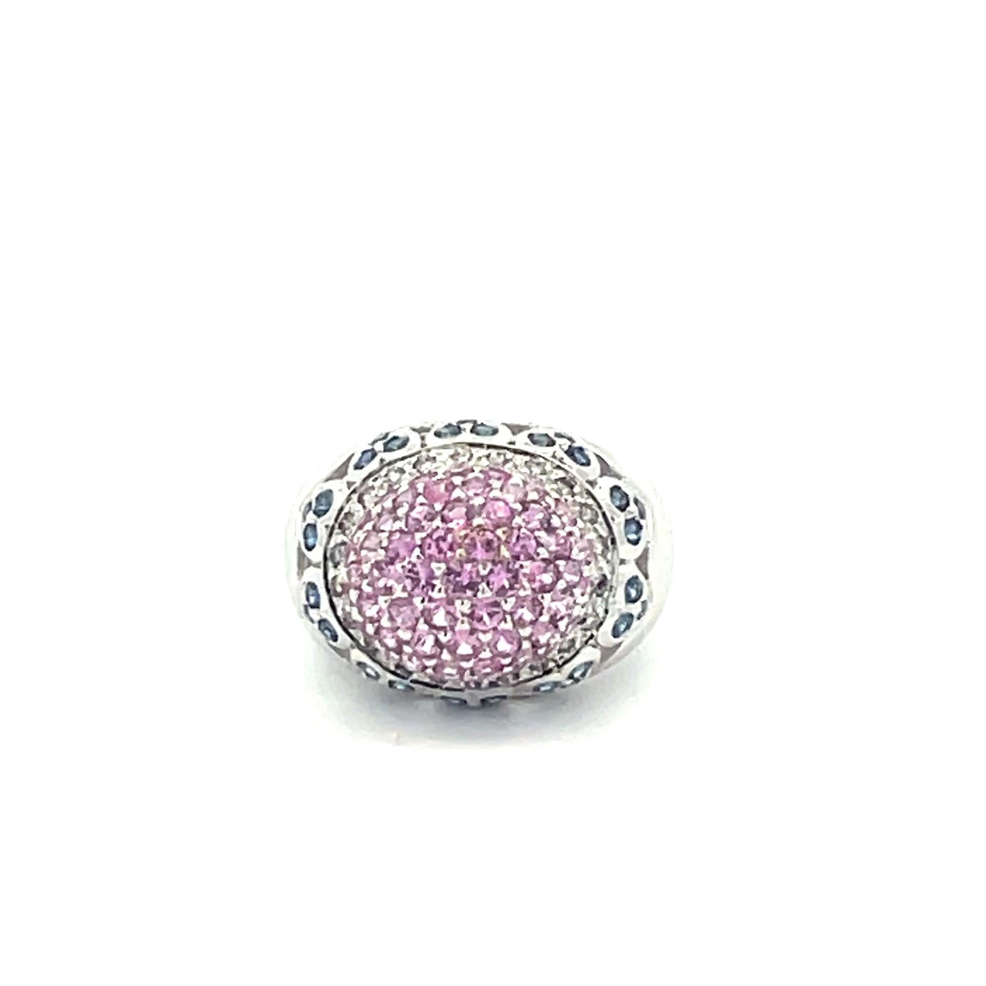 Round Cut Pavé Dome Ring with Natural Pink & Blue Sapphires & Diamonds in 18kt White Gold For Sale