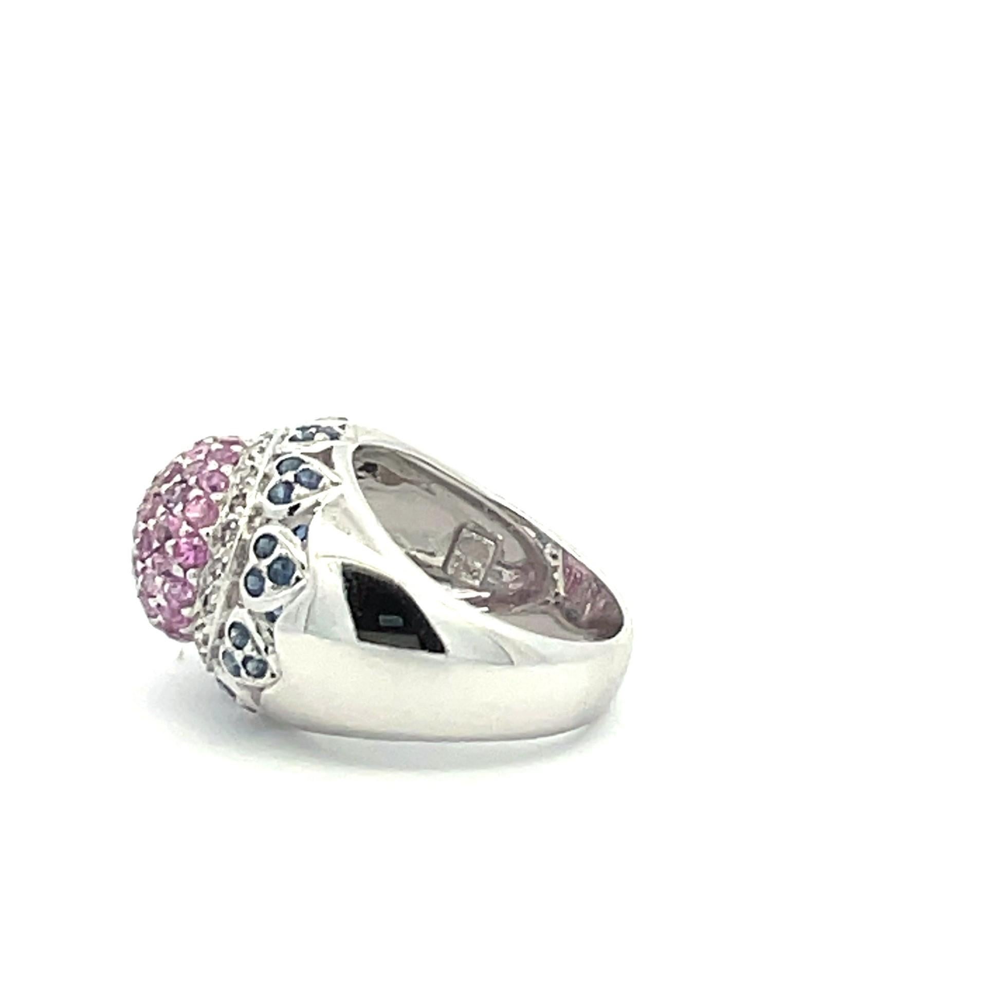 Pavé Dome Ring with Natural Pink & Blue Sapphires & Diamonds in 18kt White Gold In New Condition For Sale In Westmount, CA