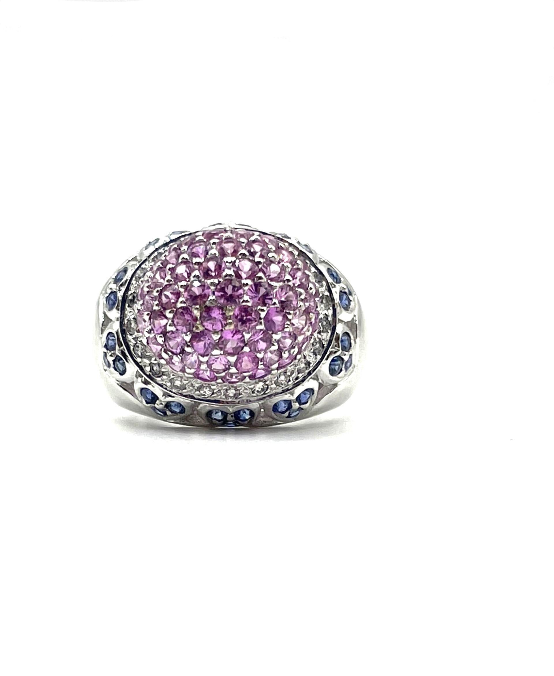 Women's Pavé Dome Ring with Natural Pink & Blue Sapphires & Diamonds in 18kt White Gold For Sale