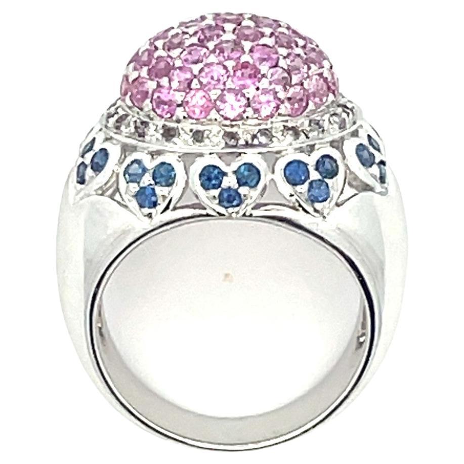 Pavé Dome Ring with Natural Pink & Blue Sapphires & Diamonds in 18kt White Gold For Sale